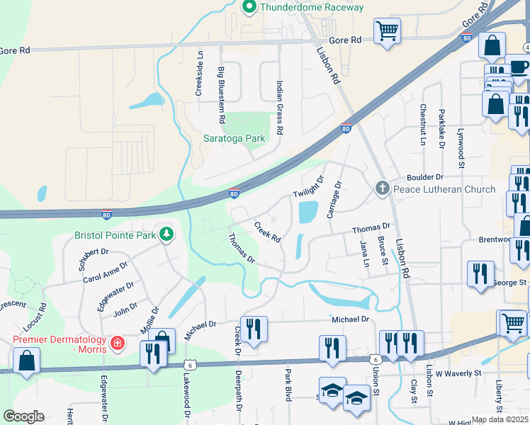 map of restaurants, bars, coffee shops, grocery stores, and more near 500 Twilight Drive in Morris