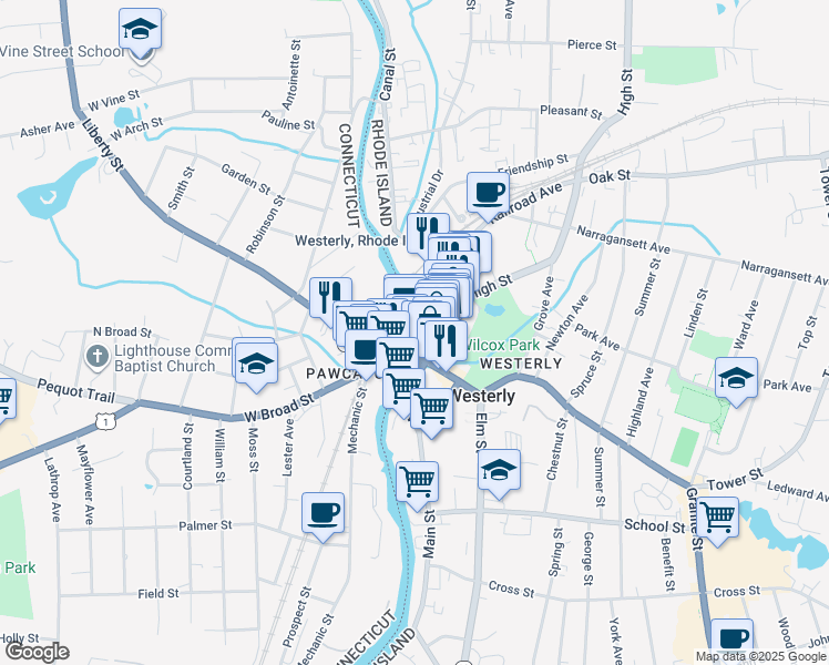 map of restaurants, bars, coffee shops, grocery stores, and more near Coggswell Street in Stonington
