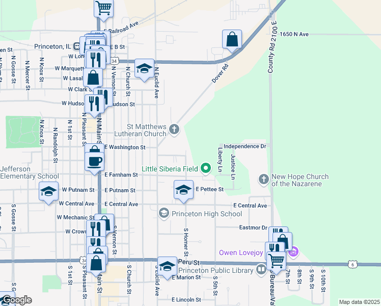 map of restaurants, bars, coffee shops, grocery stores, and more near 303 North Homer Street in Princeton