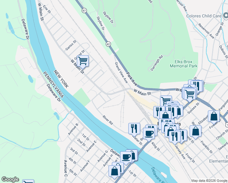 map of restaurants, bars, coffee shops, grocery stores, and more near 111 West Main Street in Port Jervis