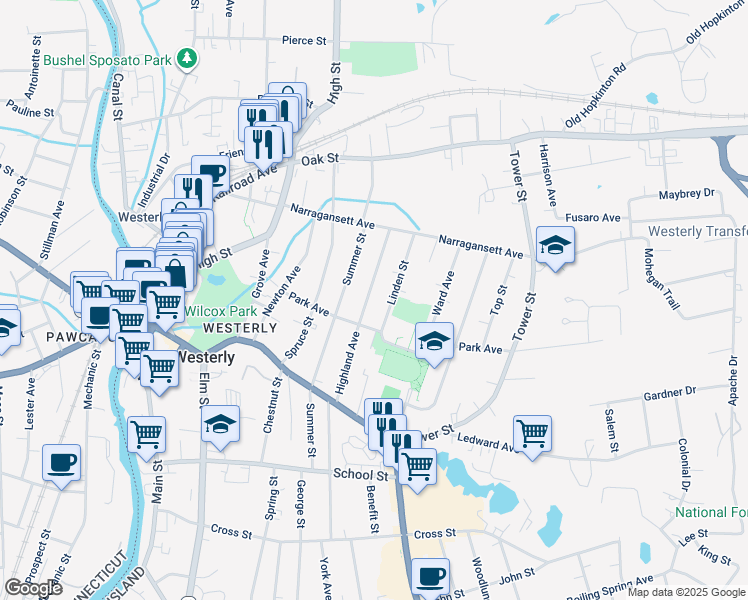 map of restaurants, bars, coffee shops, grocery stores, and more near 35 Highland Avenue in Westerly