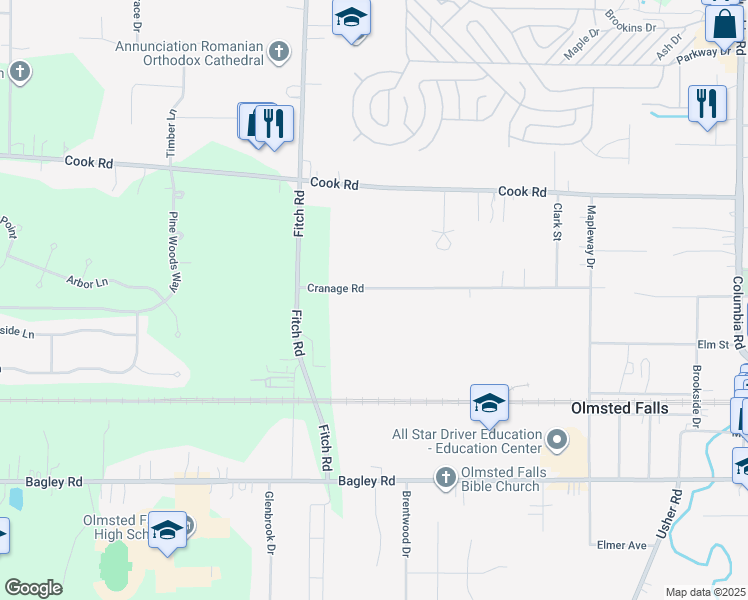 map of restaurants, bars, coffee shops, grocery stores, and more near 26767 Cranage Road in Olmsted Falls