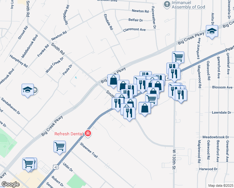 map of restaurants, bars, coffee shops, grocery stores, and more near 6891 Smith Road in Middleburg Heights