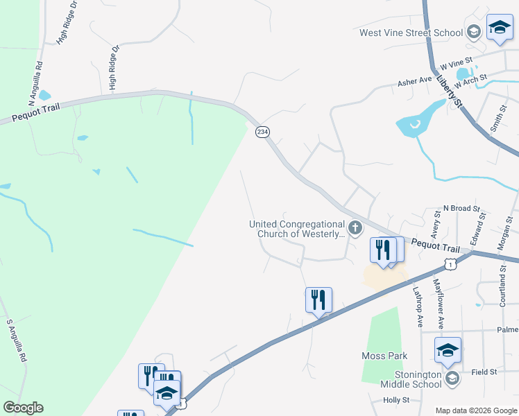 map of restaurants, bars, coffee shops, grocery stores, and more near 126 Castle Hill Road in Stonington