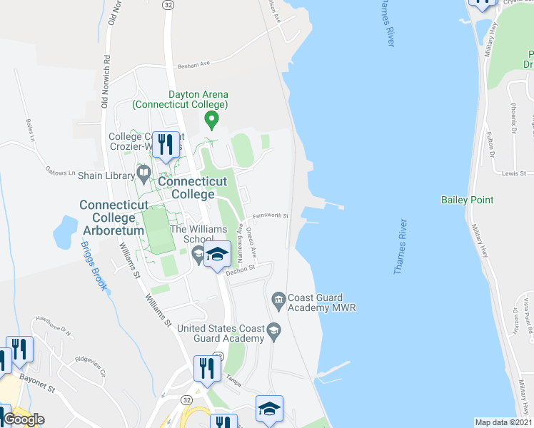 map of restaurants, bars, coffee shops, grocery stores, and more near Farnsworth Street in New London