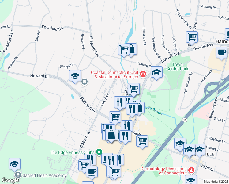 map of restaurants, bars, coffee shops, grocery stores, and more near 975 Mix Avenue in Hamden