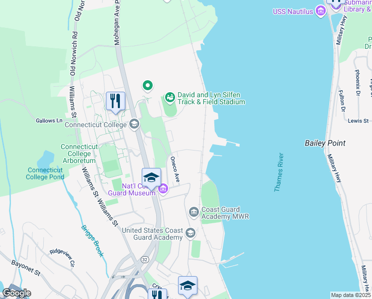 map of restaurants, bars, coffee shops, grocery stores, and more near Farnsworth Street in New London