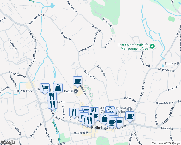 map of restaurants, bars, coffee shops, grocery stores, and more near 19 Juniper Road in Bethel