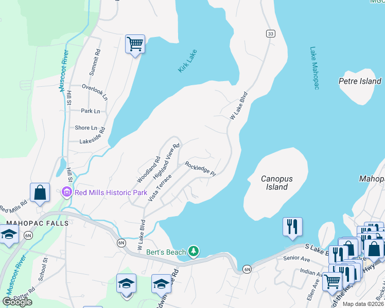map of restaurants, bars, coffee shops, grocery stores, and more near 116 Vista Terrace North in Mahopac
