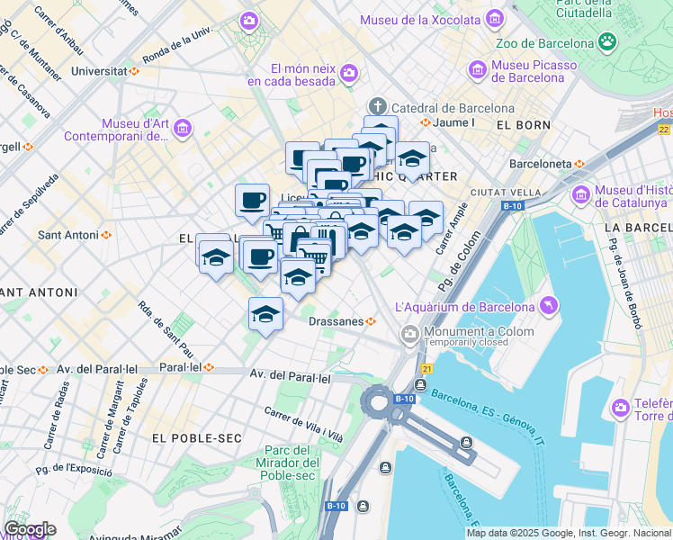 map of restaurants, bars, coffee shops, grocery stores, and more near 60 Carrer de Buenos Aires in Barcelona