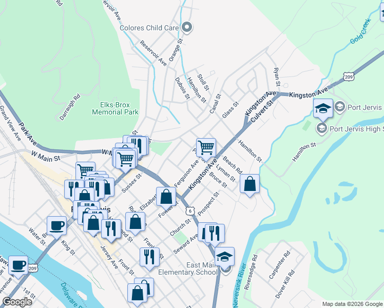 map of restaurants, bars, coffee shops, grocery stores, and more near 18 West Street in Port Jervis