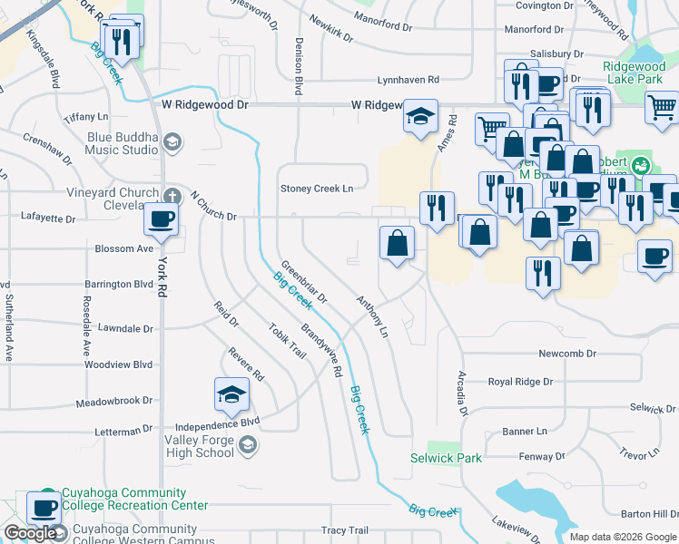 map of restaurants, bars, coffee shops, grocery stores, and more near 6855 Anthony Lane in Parma Heights