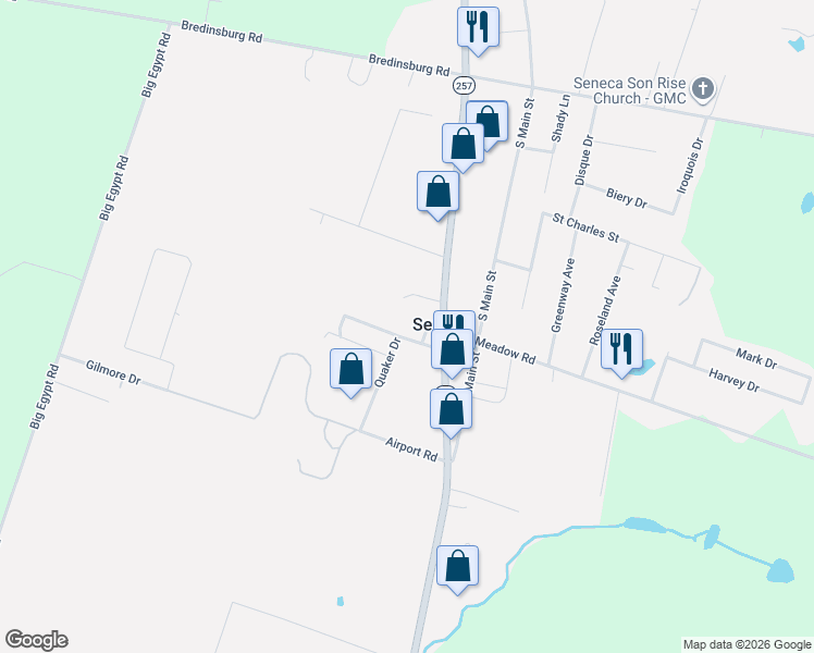 map of restaurants, bars, coffee shops, grocery stores, and more near 235 Quaker Drive in Seneca