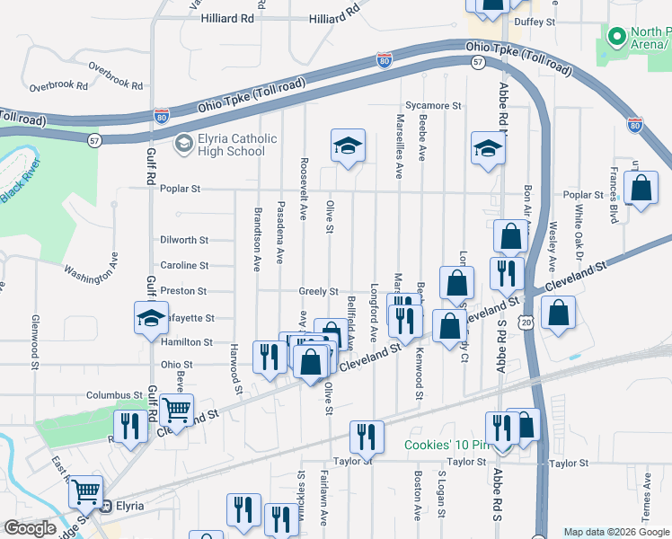 map of restaurants, bars, coffee shops, grocery stores, and more near 328 Olive Street in Elyria