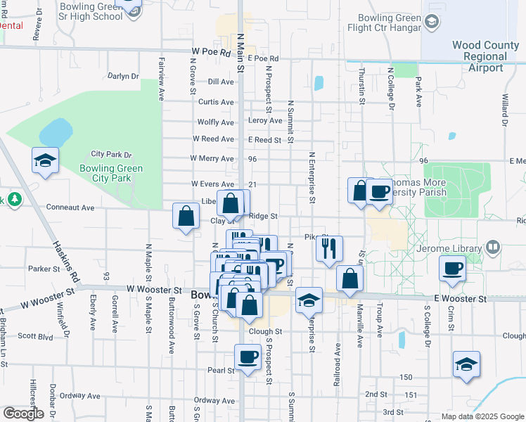 map of restaurants, bars, coffee shops, grocery stores, and more near 421 North Prospect Street in Bowling Green