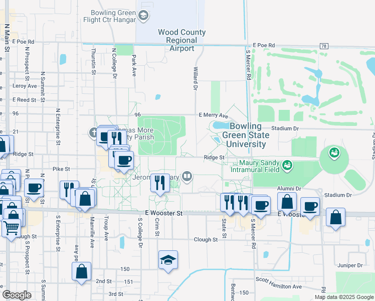 map of restaurants, bars, coffee shops, grocery stores, and more near 200 Health and Human Services Building in Bowling Green