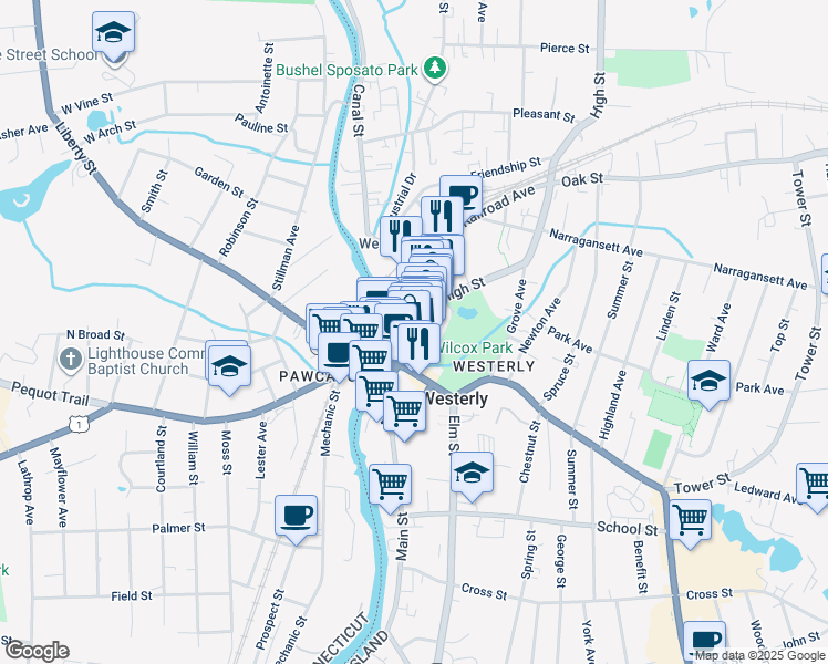 map of restaurants, bars, coffee shops, grocery stores, and more near 42 High Street in Westerly