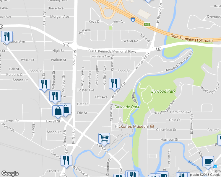 map of restaurants, bars, coffee shops, grocery stores, and more near 500 Furnace Street in Elyria
