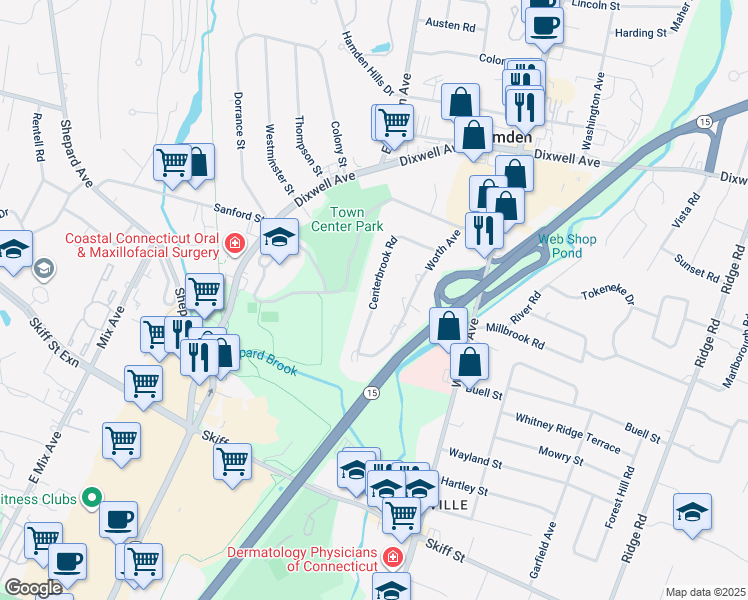 map of restaurants, bars, coffee shops, grocery stores, and more near 227 Centerbrook Road in Hamden