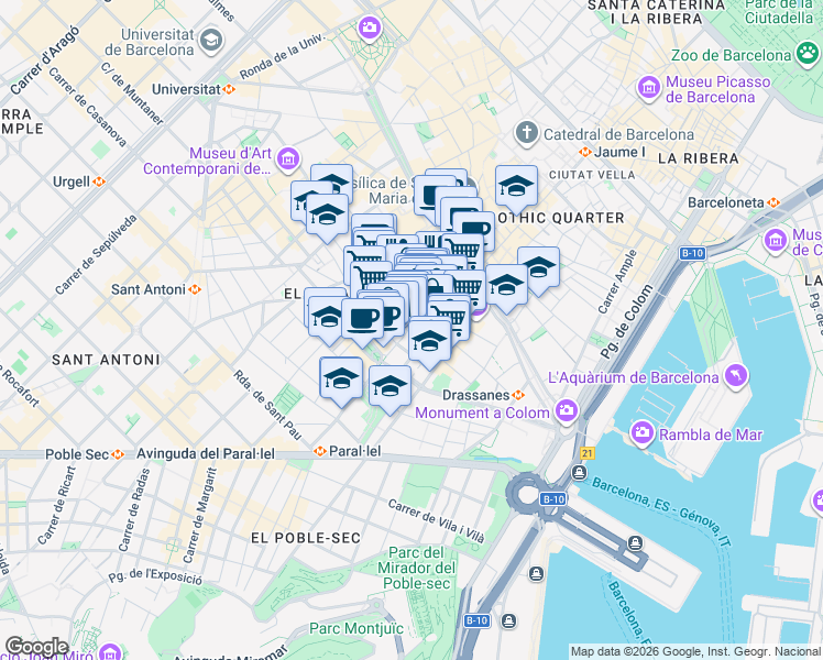 map of restaurants, bars, coffee shops, grocery stores, and more near 53 Carrer de Sant Pau in Barcelona