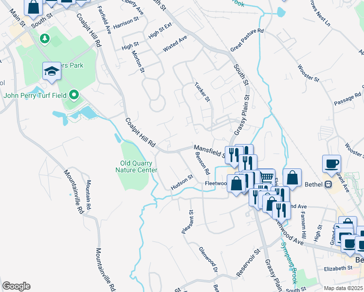 map of restaurants, bars, coffee shops, grocery stores, and more near 29 Mansfield Street in Bethel
