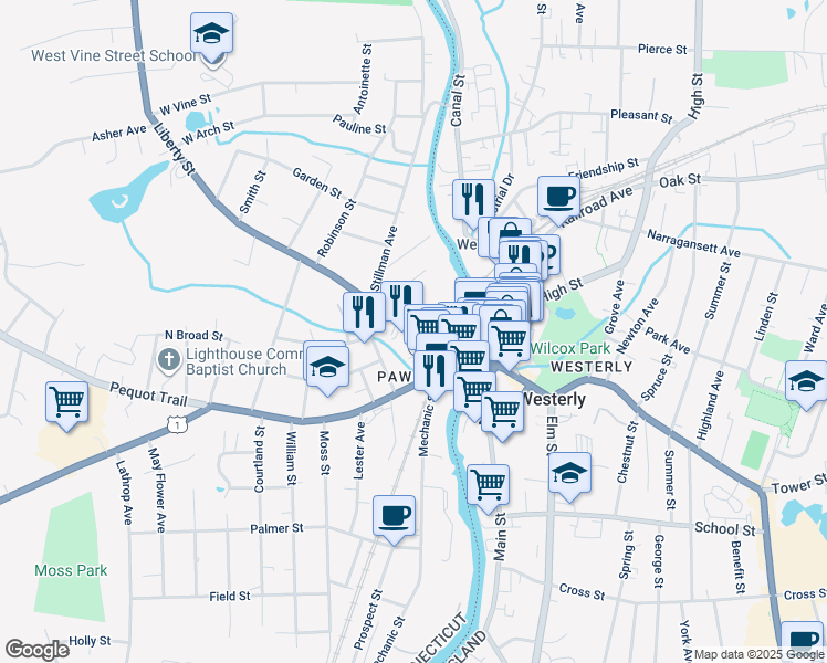 map of restaurants, bars, coffee shops, grocery stores, and more near 19 Liberty Street in Stonington