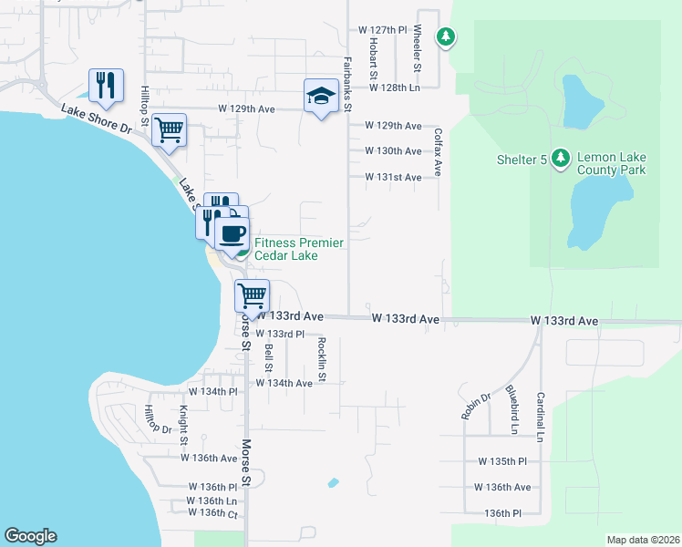 map of restaurants, bars, coffee shops, grocery stores, and more near 13132 Fairbanks Street in Cedar Lake