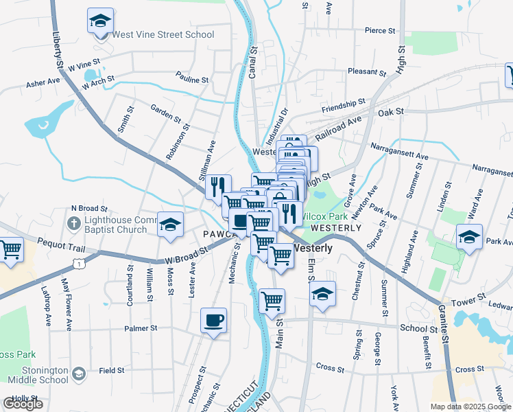 map of restaurants, bars, coffee shops, grocery stores, and more near 27 West Broad Street in Stonington