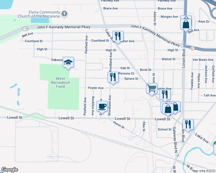 map of restaurants, bars, coffee shops, grocery stores, and more near 402 Woodland Avenue in Elyria