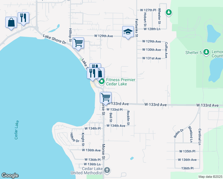 map of restaurants, bars, coffee shops, grocery stores, and more near 7104 W 132nd Pl in Cedar Lake