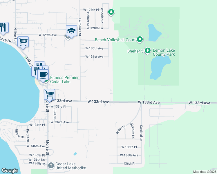 map of restaurants, bars, coffee shops, grocery stores, and more near 13200-13206 Colfax Avenue in Cedar Lake