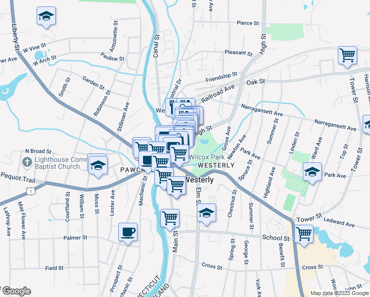map of restaurants, bars, coffee shops, grocery stores, and more near 42 High Street in Westerly
