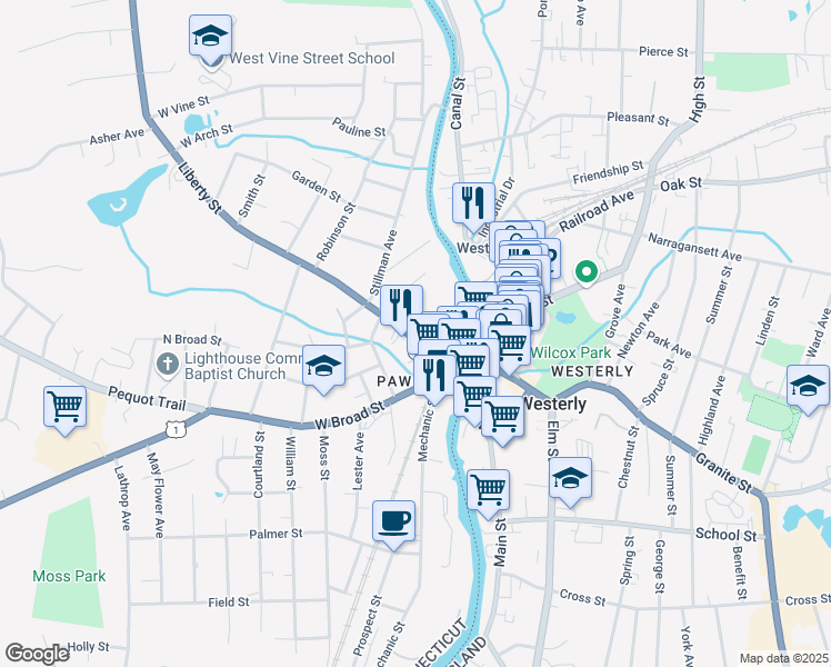map of restaurants, bars, coffee shops, grocery stores, and more near 19 Liberty Street in Stonington