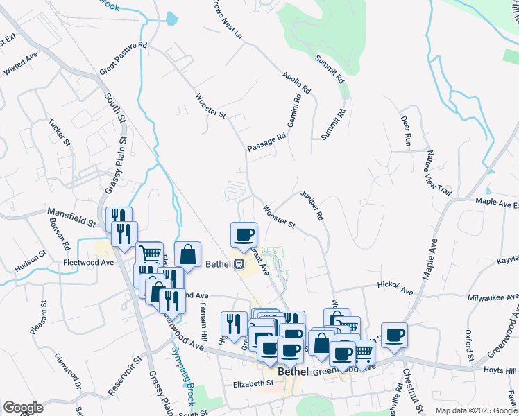 map of restaurants, bars, coffee shops, grocery stores, and more near 79 Wooster Street in Bethel