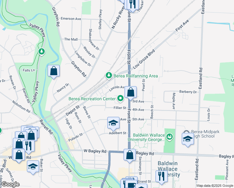 map of restaurants, bars, coffee shops, grocery stores, and more near 44 Zeller Court in Berea