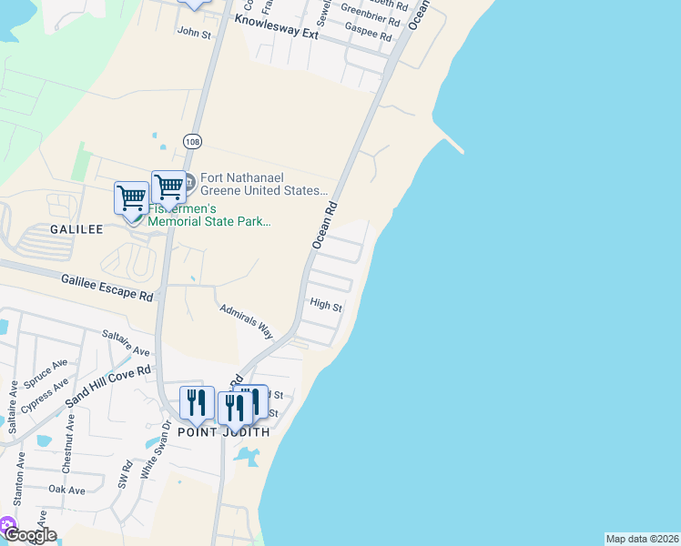 map of restaurants, bars, coffee shops, grocery stores, and more near 27 Major Arnold Road in Narragansett