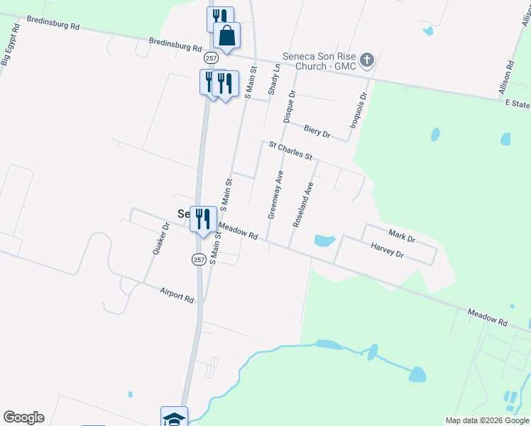 map of restaurants, bars, coffee shops, grocery stores, and more near 193 Greenway Avenue in Seneca