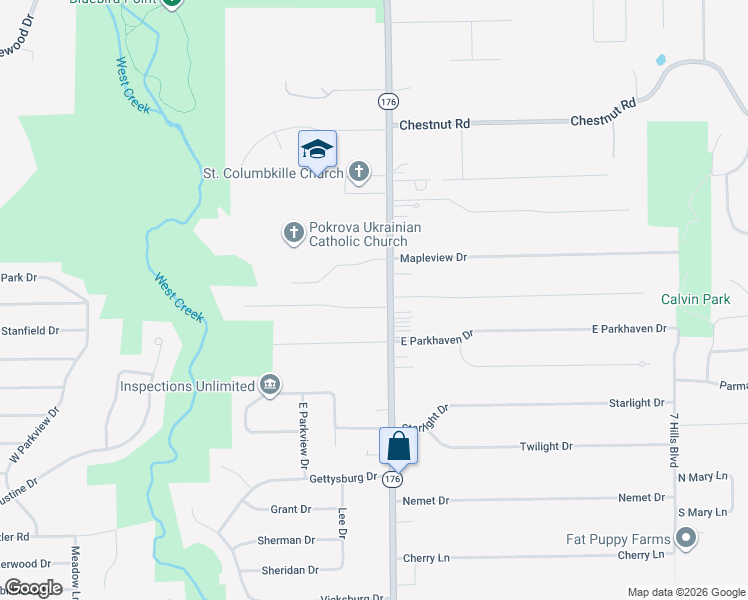 map of restaurants, bars, coffee shops, grocery stores, and more near 6852 Broadview Road in Parma