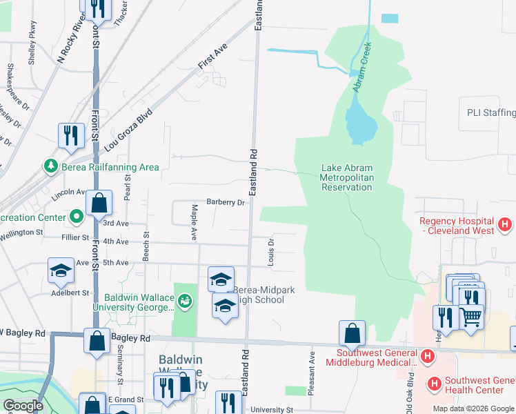 map of restaurants, bars, coffee shops, grocery stores, and more near 665 Eastland Road in Berea