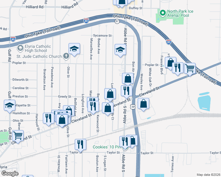 map of restaurants, bars, coffee shops, grocery stores, and more near 233 Hawthorne Street in Elyria