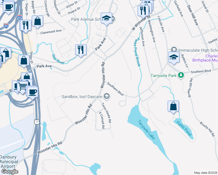 map of restaurants, bars, coffee shops, grocery stores, and more near 212 1/2 Southern Boulevard in Danbury