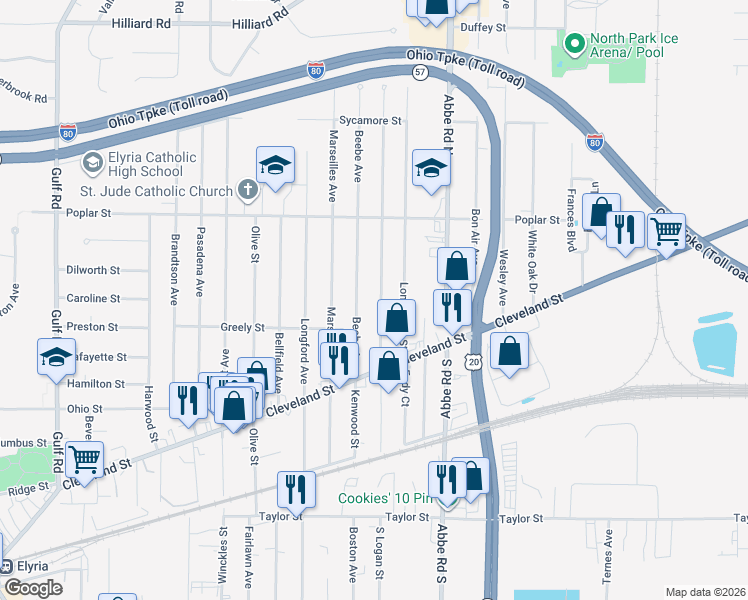 map of restaurants, bars, coffee shops, grocery stores, and more near 233 Hawthorne Street in Elyria