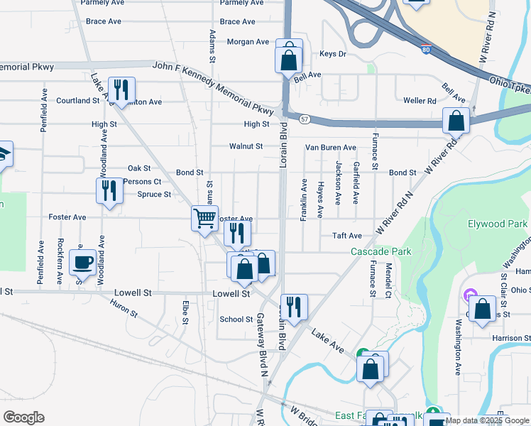 map of restaurants, bars, coffee shops, grocery stores, and more near 412 Lorain Boulevard in Elyria