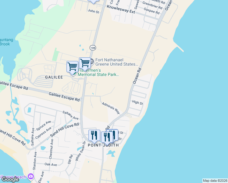 map of restaurants, bars, coffee shops, grocery stores, and more near 57 Schooner Cove Lane in Narragansett