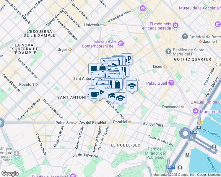 map of restaurants, bars, coffee shops, grocery stores, and more near Carrer d'En Sant Climent in Barcelona