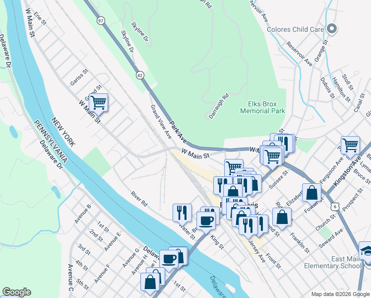 map of restaurants, bars, coffee shops, grocery stores, and more near 99 West Main Street in Port Jervis