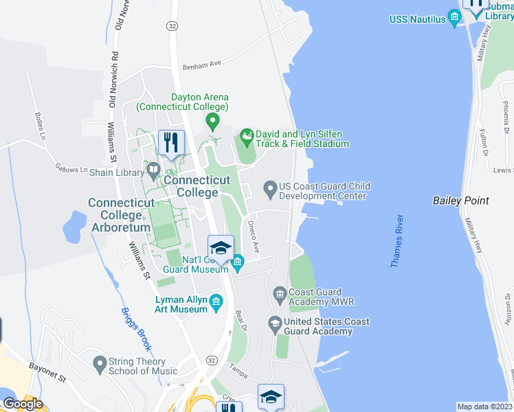 map of restaurants, bars, coffee shops, grocery stores, and more near 12 Farnsworth Street in New London