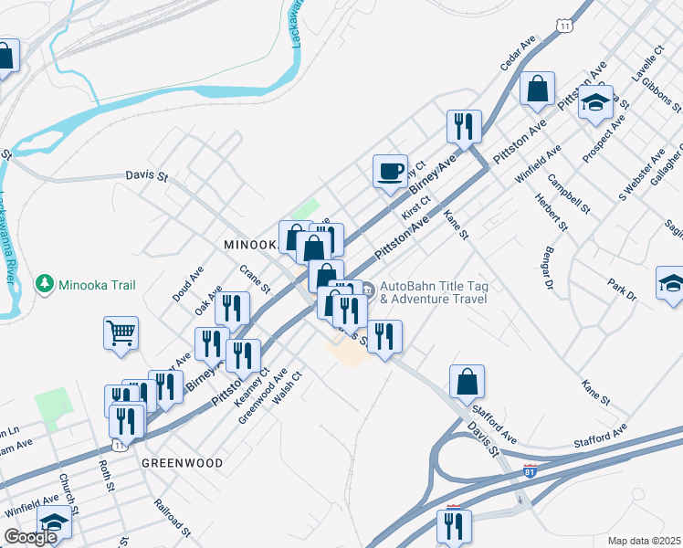 map of restaurants, bars, coffee shops, grocery stores, and more near McDonough Avenue in Scranton