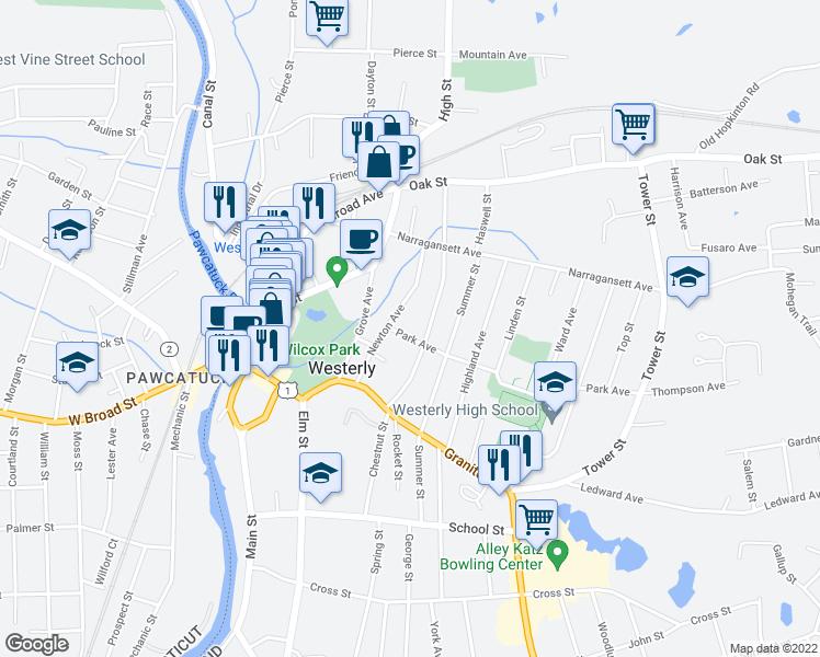 map of restaurants, bars, coffee shops, grocery stores, and more near 8 Park Avenue in Westerly