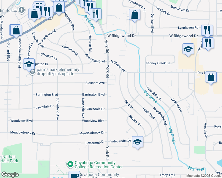 map of restaurants, bars, coffee shops, grocery stores, and more near 6811 York Road in Parma Heights